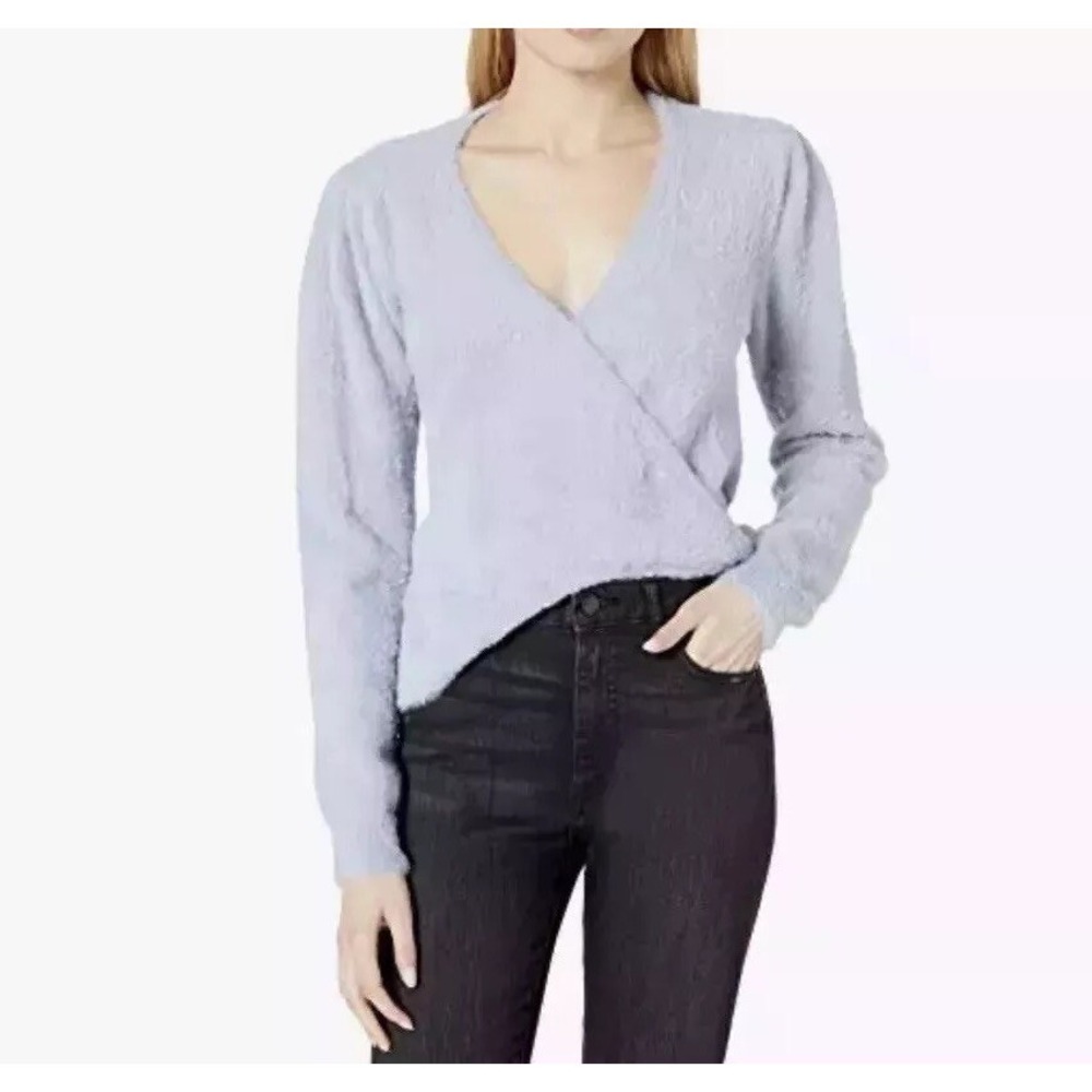 ASTR The‎ Label Sheresa Wrap Sweater Medium Baby Blue Eyelash Fuzzy Pastel